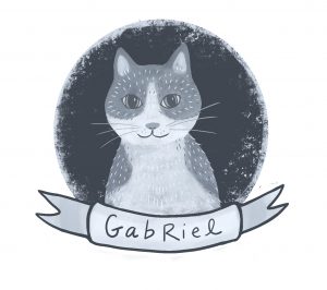 drawing of Gabriel, a white and buff rescue cat